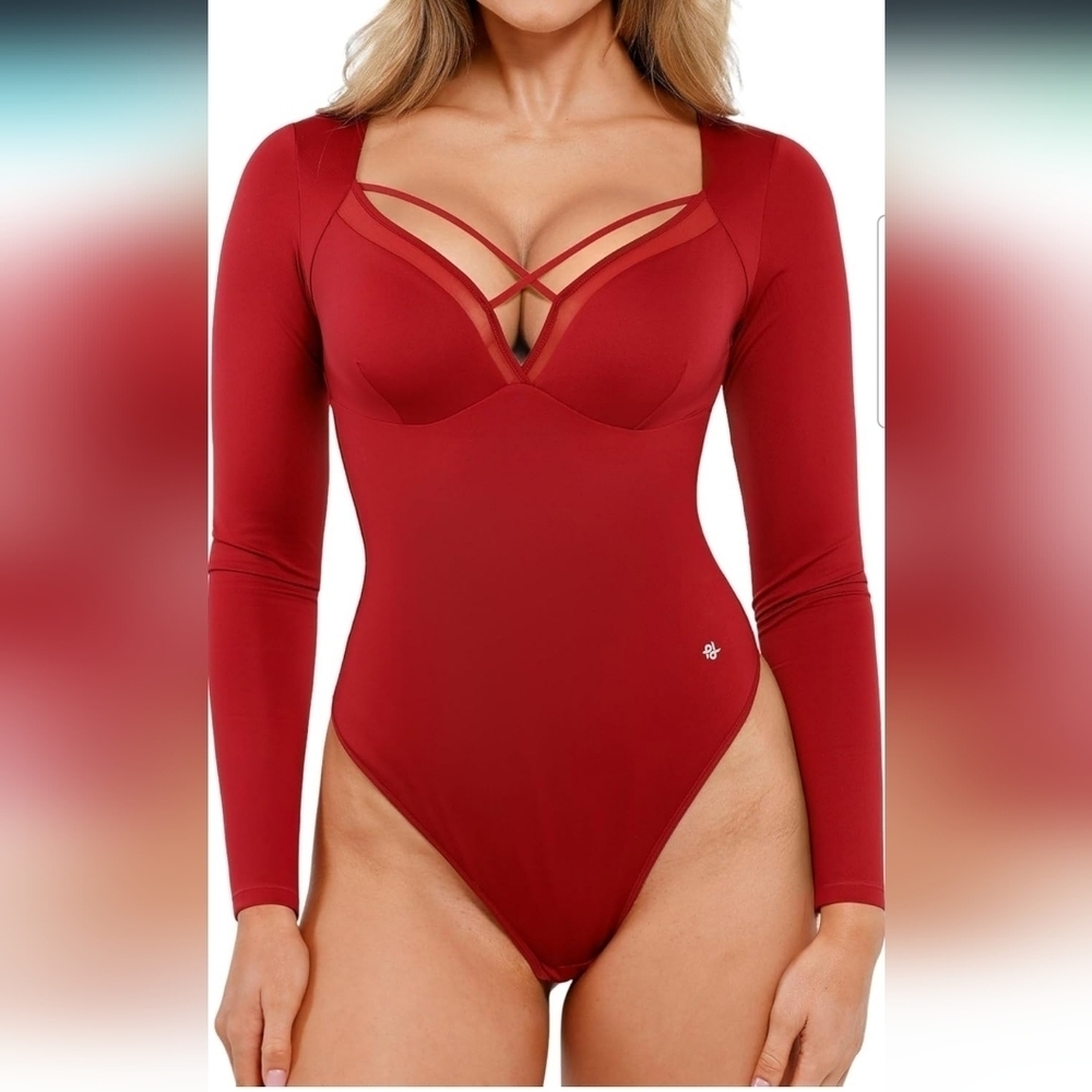 Popilush Women's Longsleeve Maroon Shapewear Tummy Control Bodysuit Size XXL